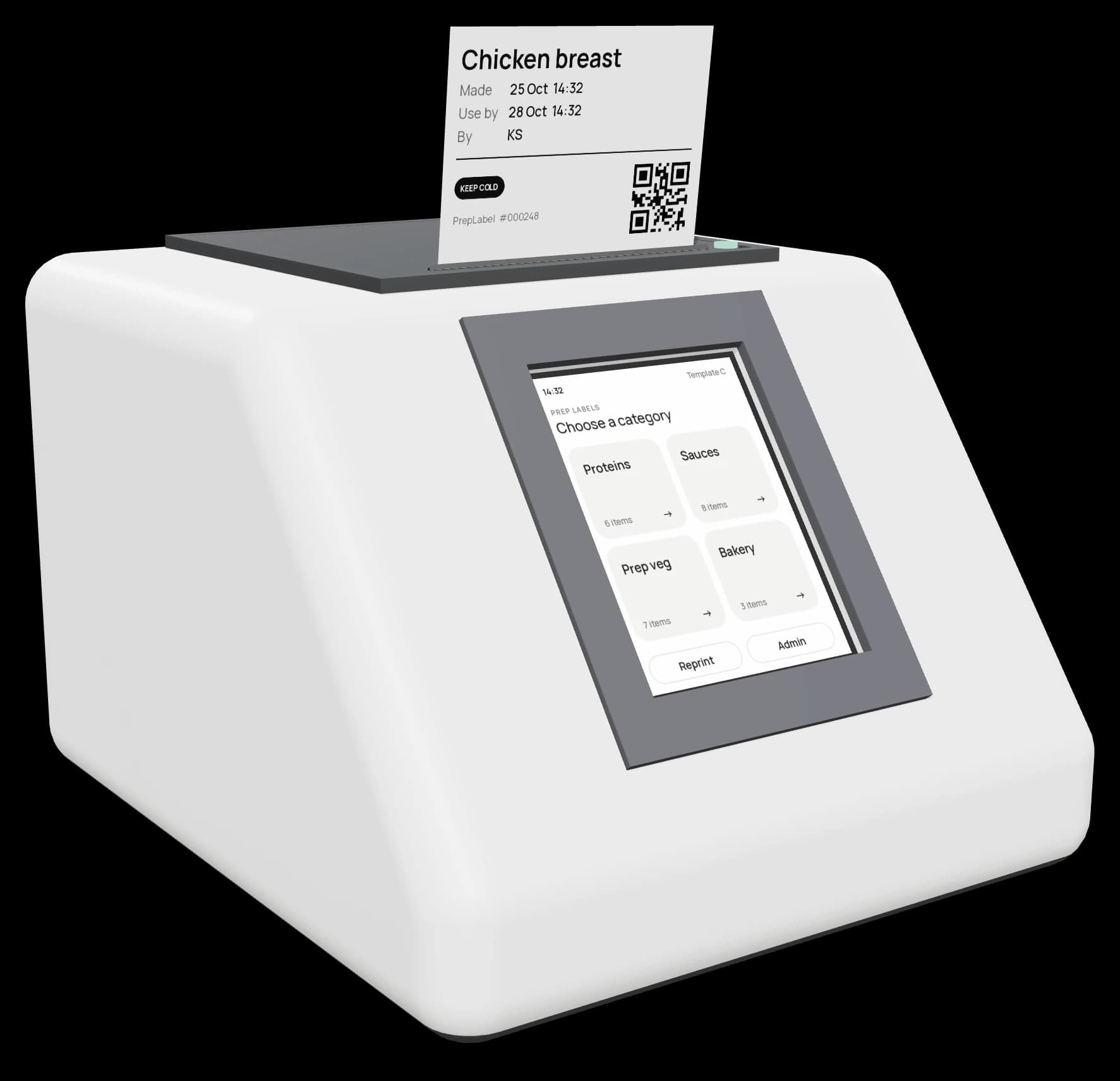 PrepLabel food prep label printer in arctic white, printing a chicken breast label