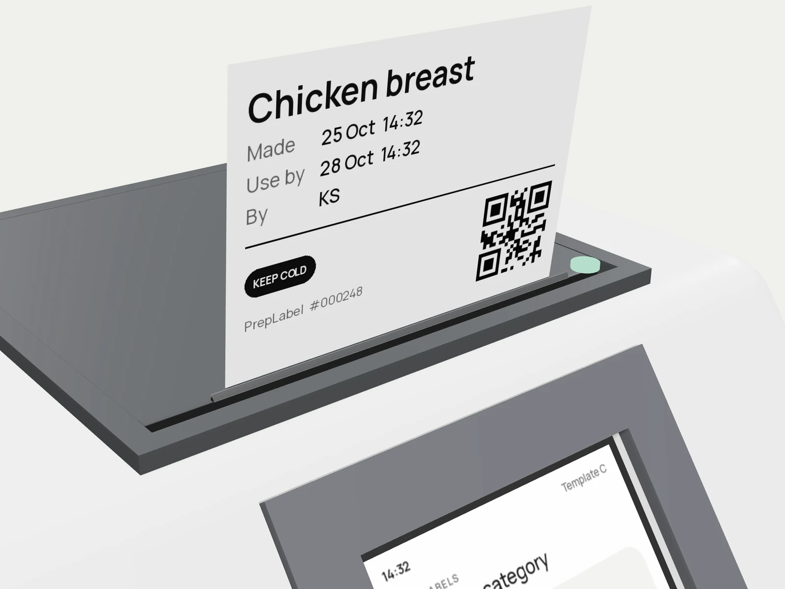 Close-up of a printed food prep label coming out of PrepLabel