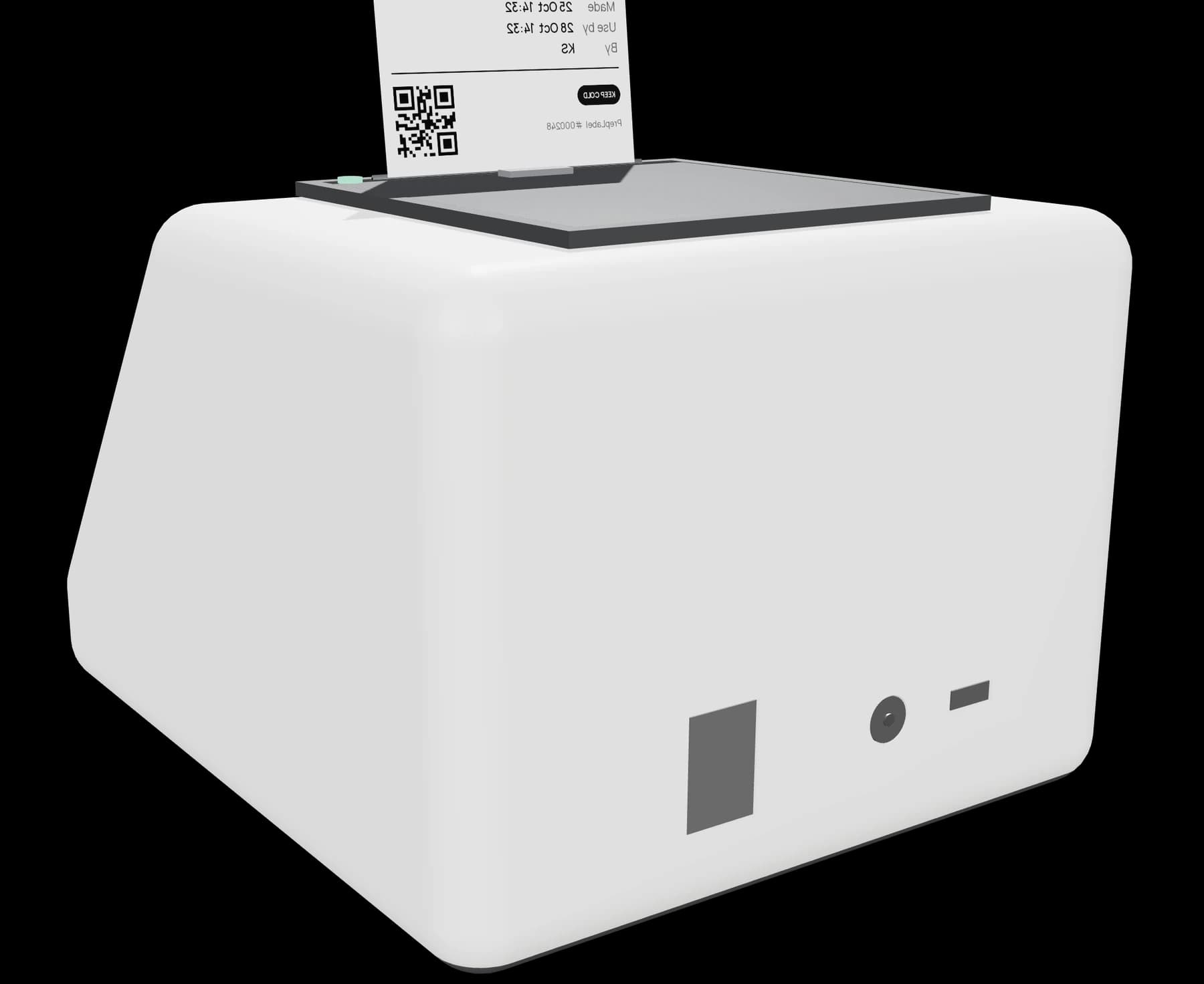 Back of PrepLabel with USB-C setup port, 12 V power input and on/off switch