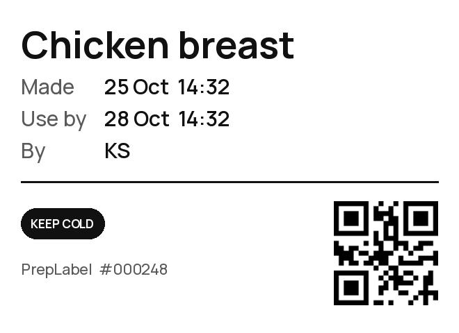 55 x 40 mm food prep label showing item, made date, use-by date, staff initials and QR code