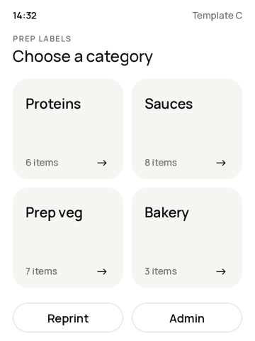 PrepLabel touchscreen showing food categories: proteins, sauces, prep veg, bakery