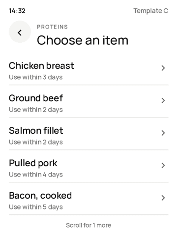 PrepLabel screen listing prep items with their shelf life