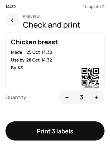 PrepLabel label preview screen with made and use-by dates and a print button